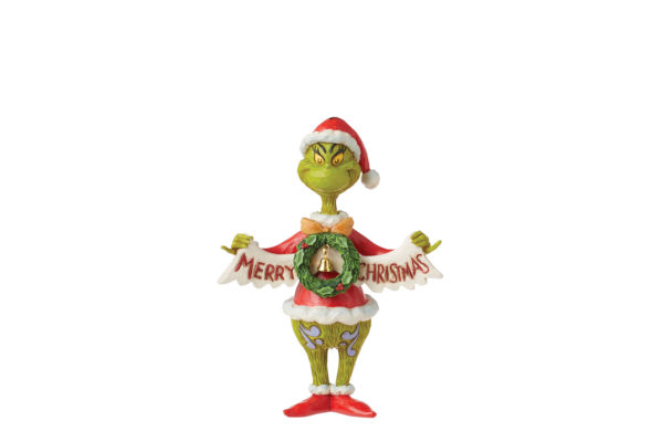 Jim Shore Grinch Ornament mit Merry Christmas Banner und Weihnachtskranz – handbemalt
